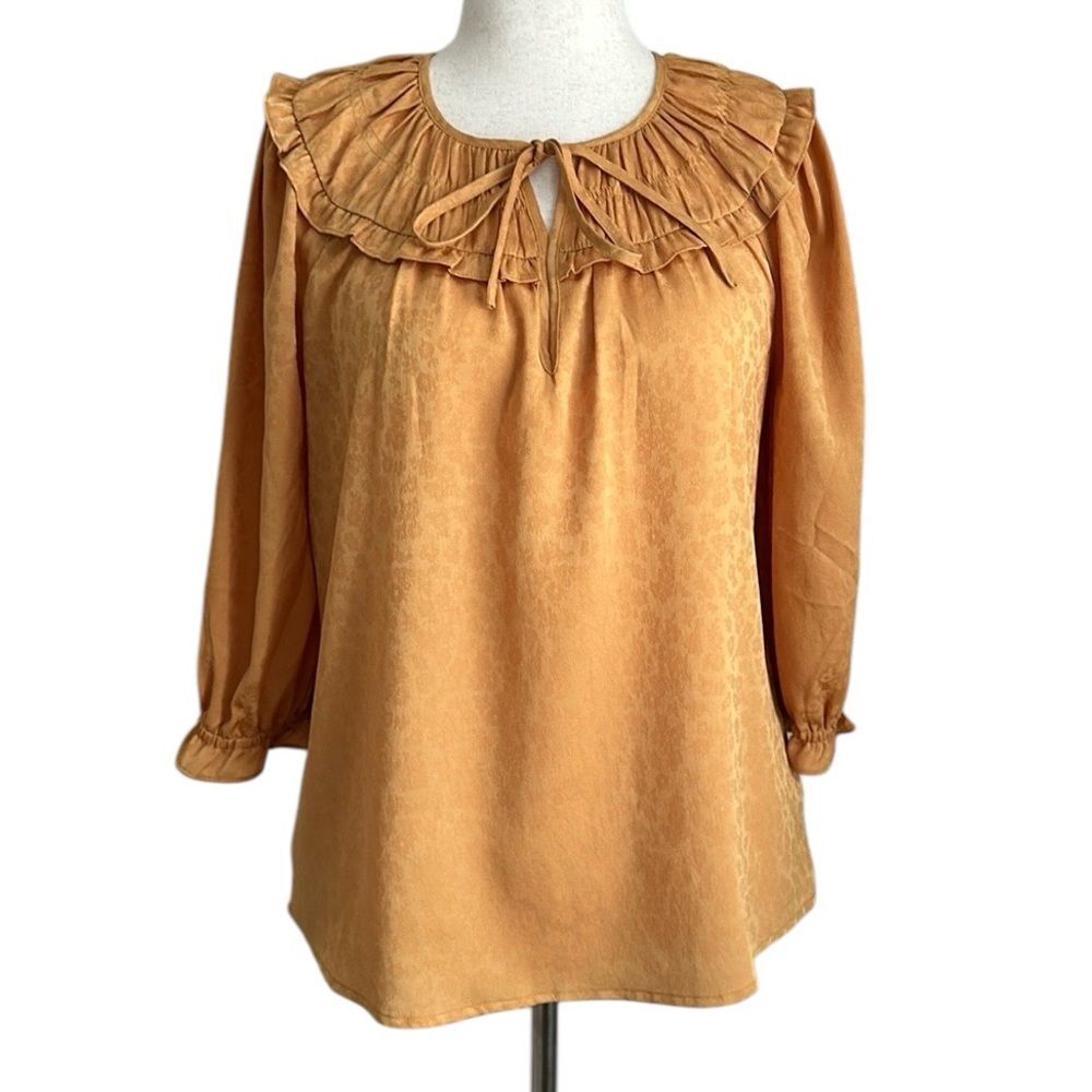 ANTHROPOLOGIE Womens Current Air Floral Smocked Keyhole Ruffle Mixed Media Top M